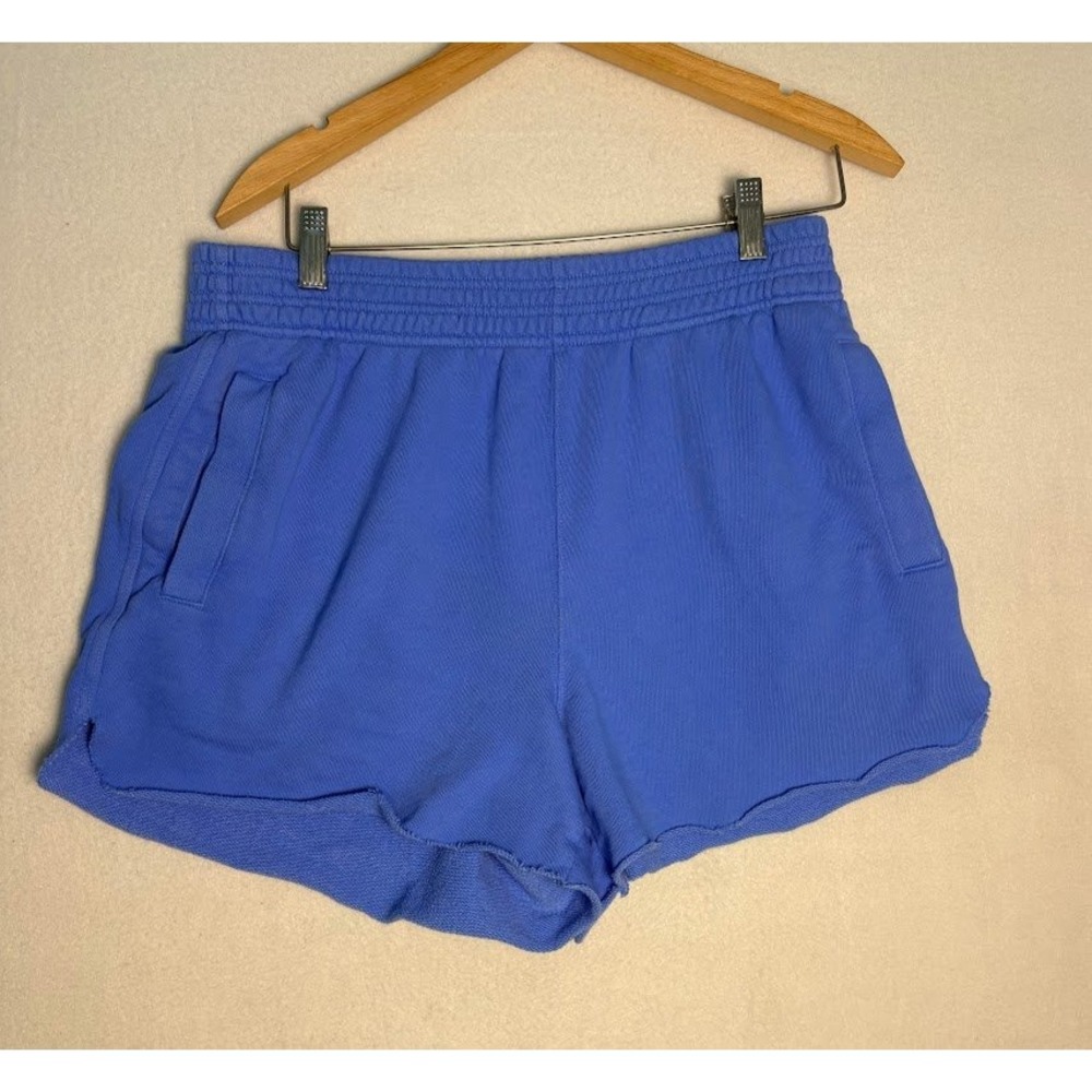 Aerie French Terry Lounge Shorts Womens Medium Blue High Waisted Raw Hem Pockets